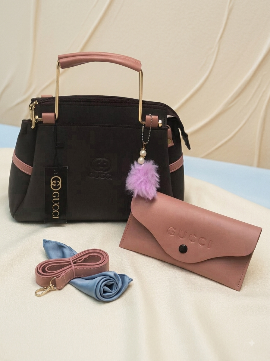 Chocolate Brown and Pink Handbag Set