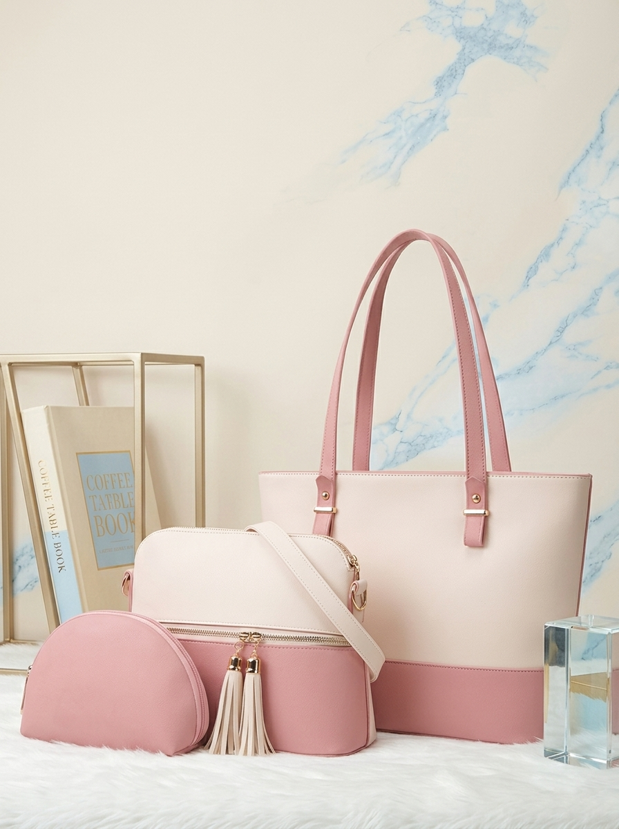 Pink rexine 3 piece handbag set
